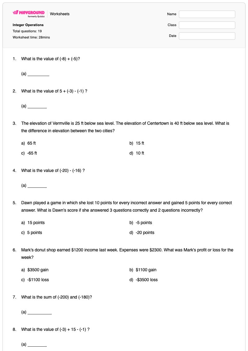 Integer Operations - Printable Income-and-expenses Worksheets Class 7 - Wayground