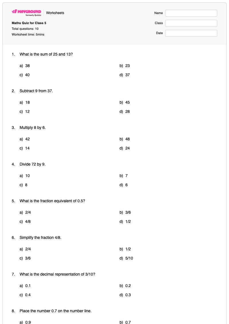 Maths Quiz for Class 5 - Printable Class 5 Worksheets - Wayground