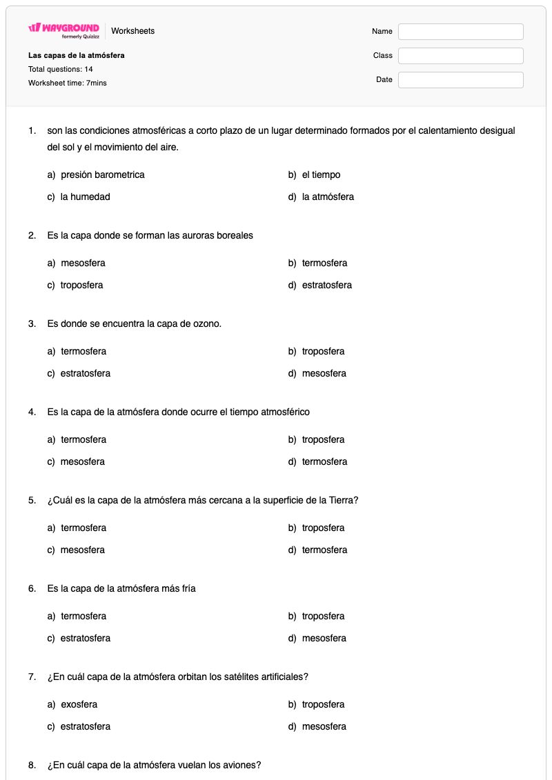 Las capas de la atmósfera - Imprimible Capas-de-la-atmósfera Hojas-de-trabajo Grado 6 - Wayground