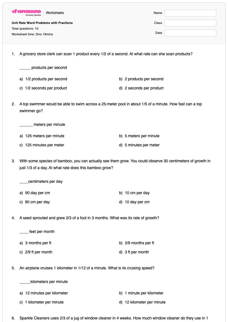 Unit Rate Word Problems with Fractions - พิมพ์ได้ โจทย์ปัญหาเกี่ยวกับเวลา เวิร์กชีท - Wayground
