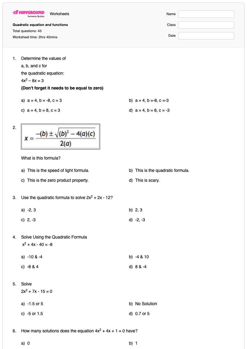 Quadratic equation and functions - Printable Quadratic Worksheets - Wayground