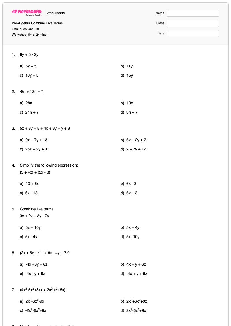 Pre-Algebra Combine Like Terms - Nadający się do druku Prealgebra Karty-pracy - Wayground
