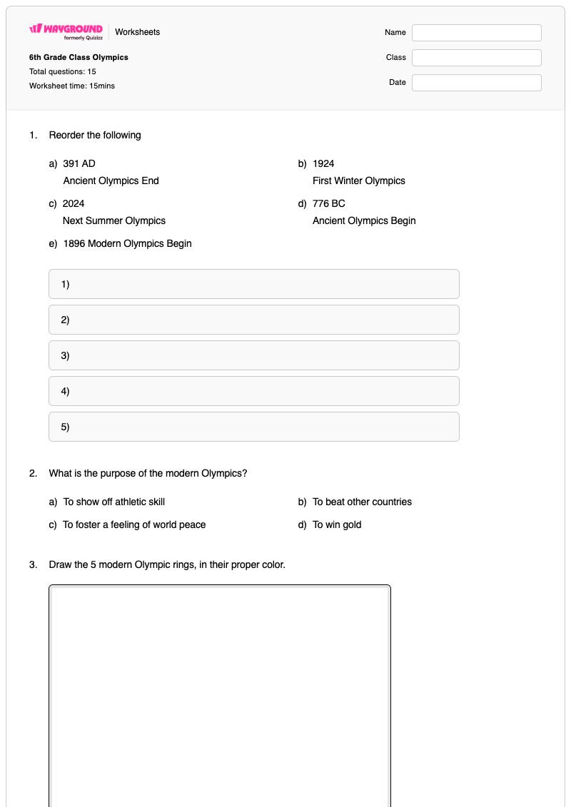 6th Grade Class Olympics - Printable Ancient-world-history Worksheets Class 6 - Wayground