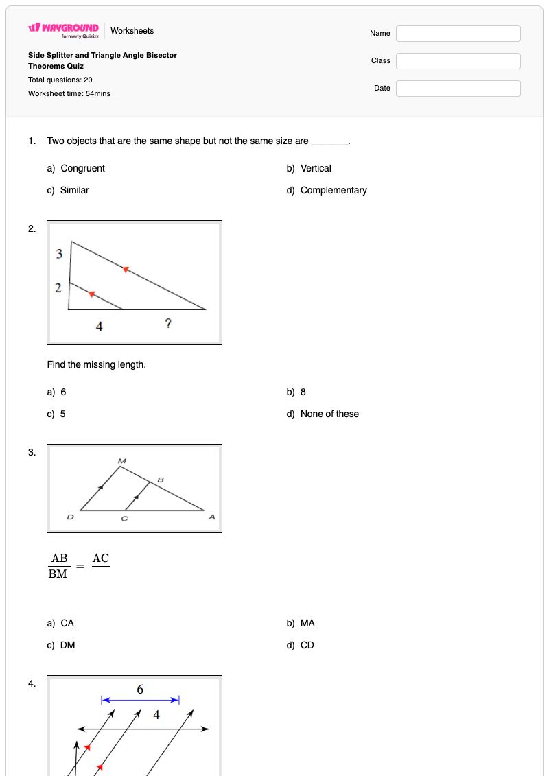 Side Splitter and Triangle Angle Bisector Theorems Quiz - พิมพ์ได้ Angle-bisector เวิร์กชีท - Wayground