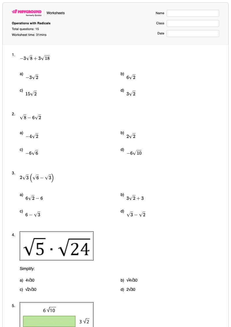 Operations with Radicals - พิมพ์ได้ Radical-operations เวิร์กชีท ระดับ 9 - Wayground