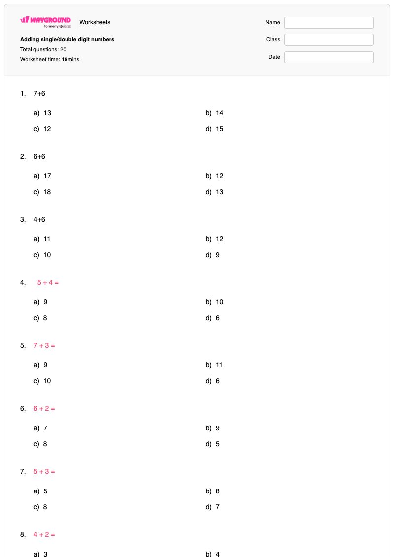 Adding single/double digit numbers - พิมพ์ได้ การบวกเลขหลักเดียวสามจำนวน เวิร์กชีท - Wayground