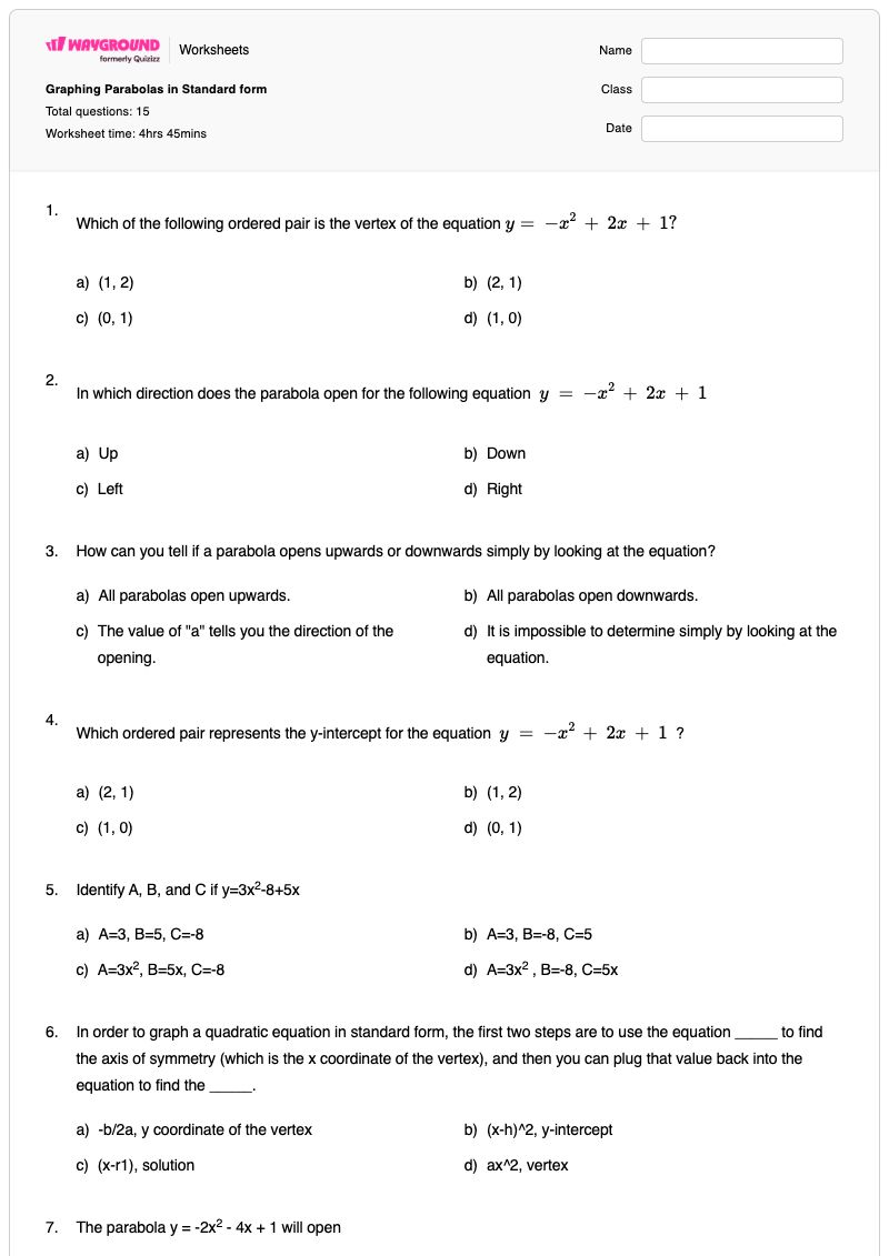 Graphing Parabolas in Standard form - พิมพ์ได้ การวาดกราฟพาราโบลา เวิร์กชีท - Wayground