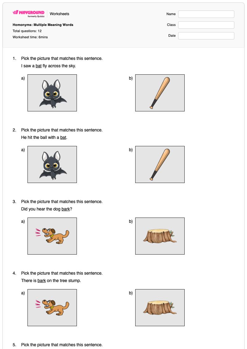 Homonyms: Multiple Meaning Words - Printable Homonyms Worksheets Grade 1 - Wayground
