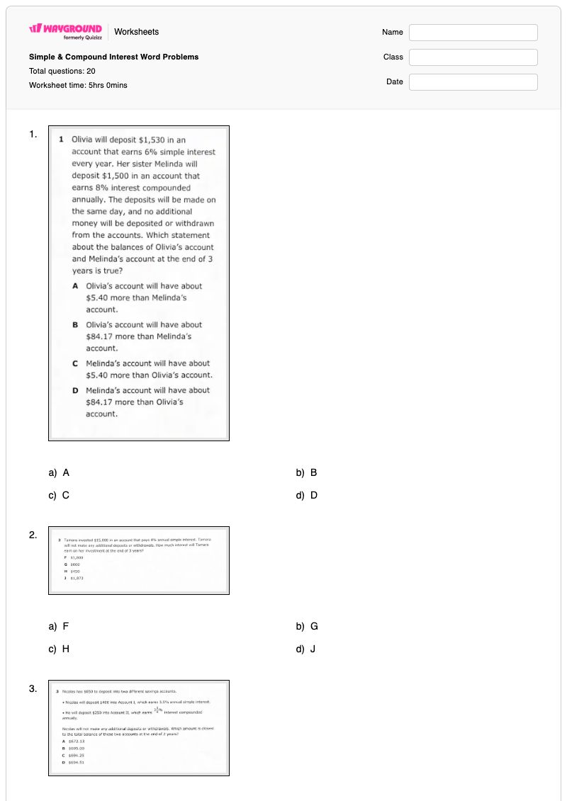 Simple & Compound Interest Word Problems - พิมพ์ได้ ดอกเบี้ยแบบง่าย เวิร์กชีท - Wayground