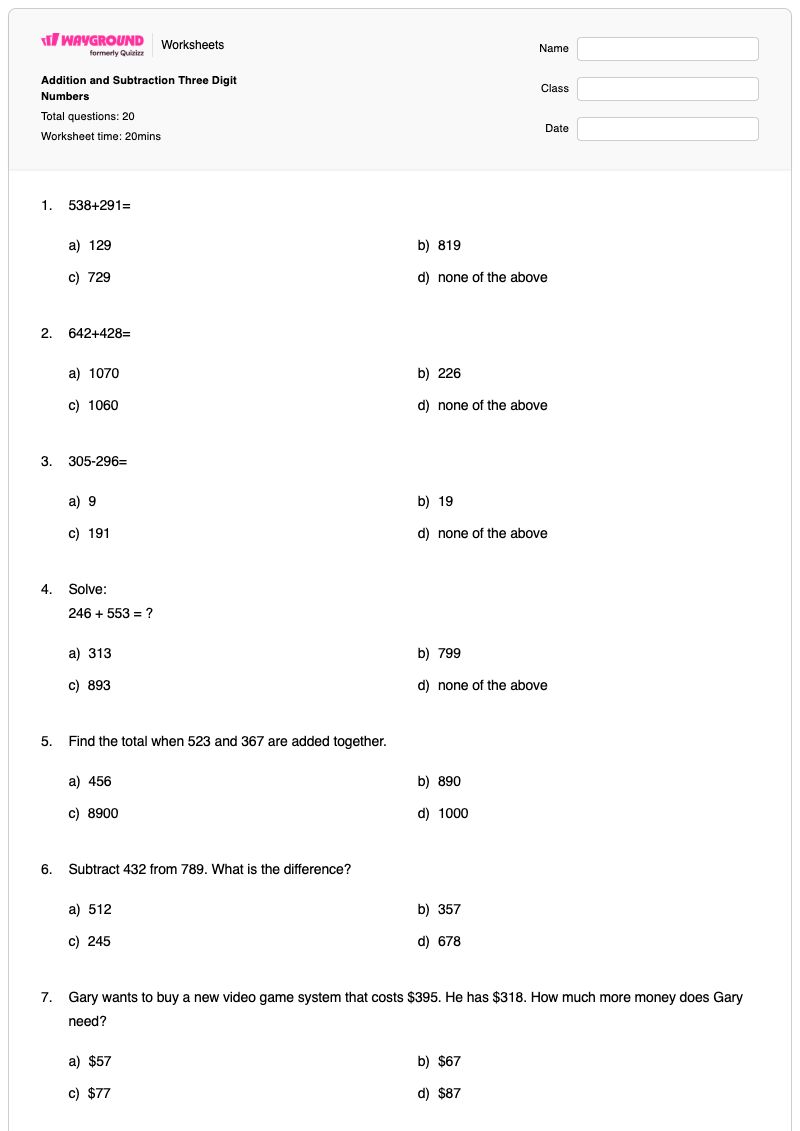 Addition and Subtraction Three Digit Numbers - พิมพ์ได้ ตัวเลขสามหลัก เวิร์กชีท - Wayground