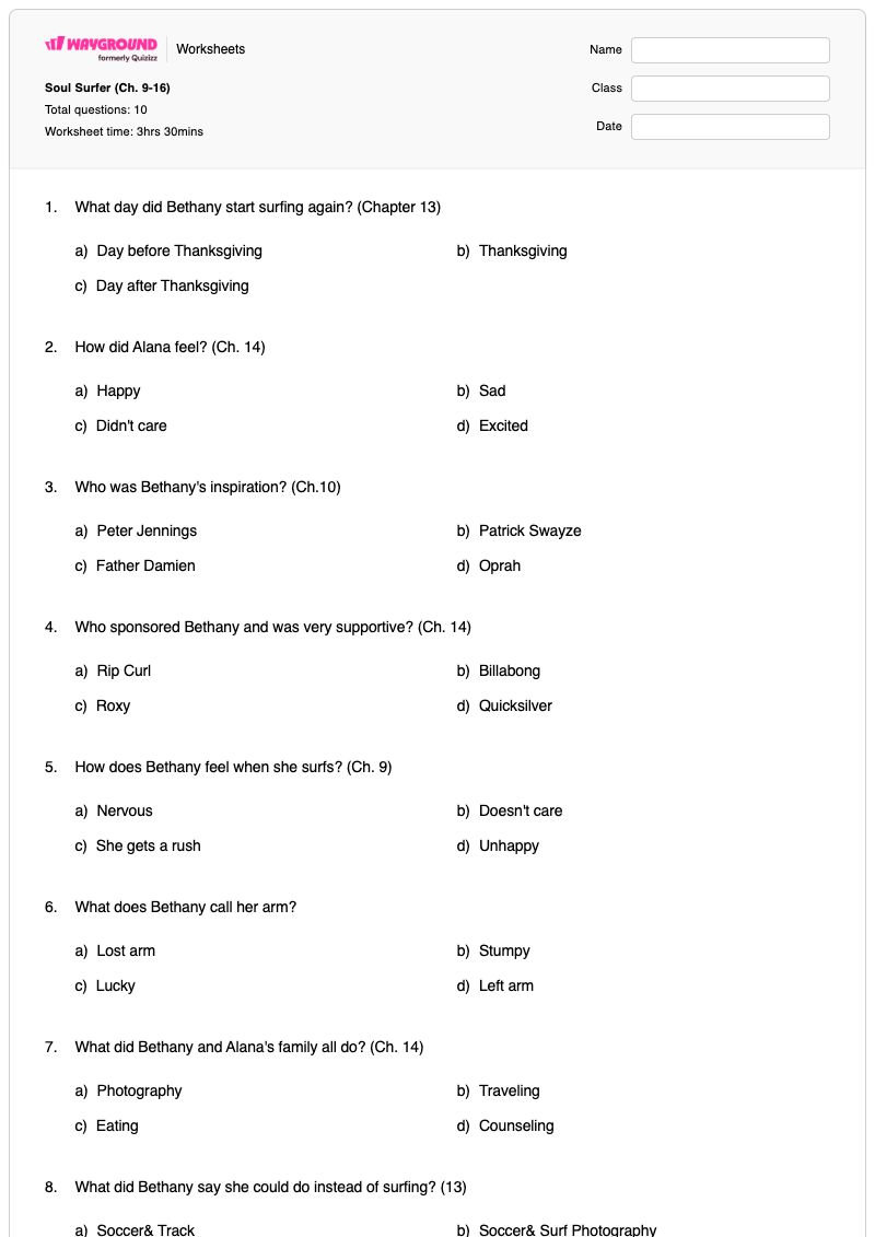 Soul Surfer (Ch. 9-16) - Printable Biology Worksheets - Wayground