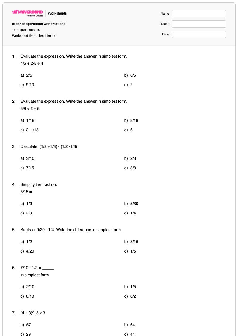 order of operations with fractions - พิมพ์ได้ การประเมินนิพจน์ เวิร์กชีท - Wayground
