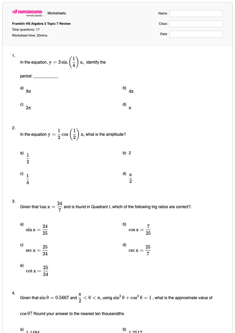 Franklin HS Algebra 2 Topic 7 Review - Printable Algebra-2 Worksheets Year 12 - Wayground