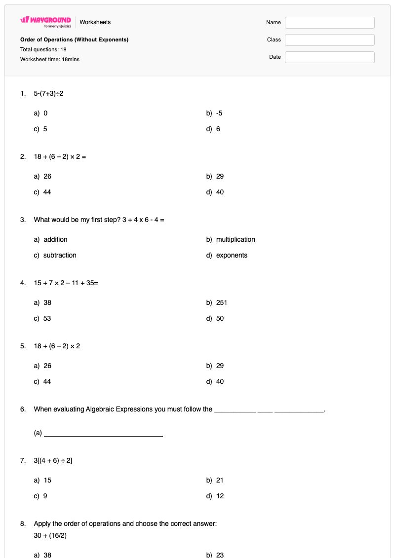 Order of Operations (Without Exponents) - พิมพ์ได้ การดำเนินการยกกำลัง เวิร์กชีท - Wayground