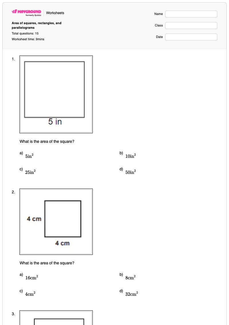 Area of squares, rectangles, and parallelograms - Printable Area-of-rectangles-and-parallelograms Worksheets - Wayground
