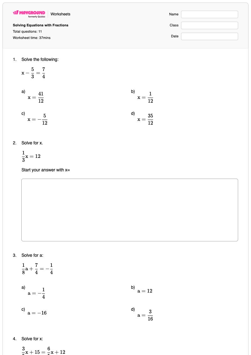 Solving Equations with Fractions - พิมพ์ได้ การแก้สมการเศษส่วน เวิร์กชีท - Wayground