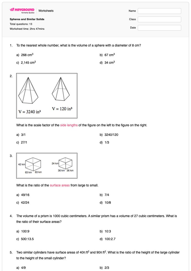 Spheres and Similar Solids - Printable Volume-and-surface-area Worksheets - Wayground