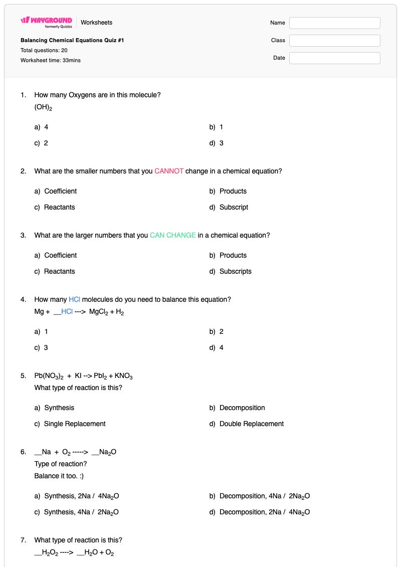 Balancing Chemical Equations Quiz #1 - พิมพ์ได้ การปรับสมดุลสมการทางเคมี เวิร์กชีท - Wayground