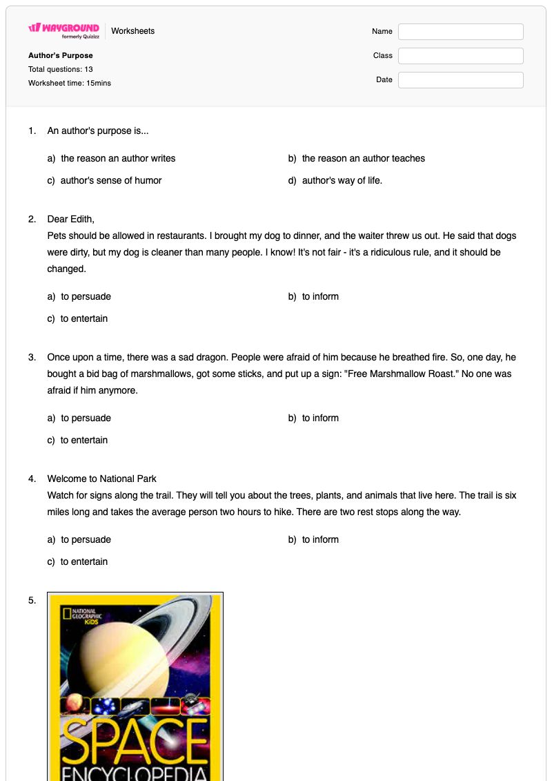 Author's Purpose - Printable Identifying-the-author-s-purpose Worksheets Grade 3 - Wayground