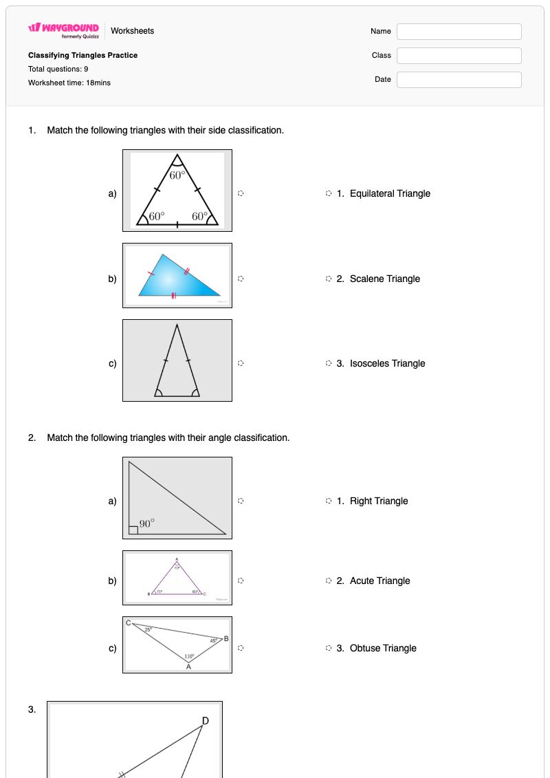 Classifying Triangles Practice - พิมพ์ได้ การจำแนกประเภทสามเหลี่ยม เวิร์กชีท - Wayground