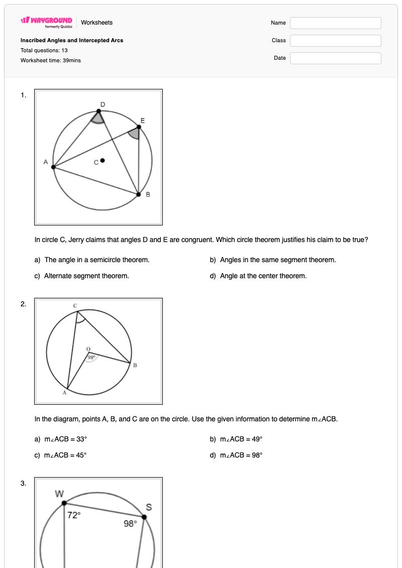 Inscribed Angles and Intercepted Arcs - พิมพ์ได้ Intercepted-arcs เวิร์กชีท - Wayground