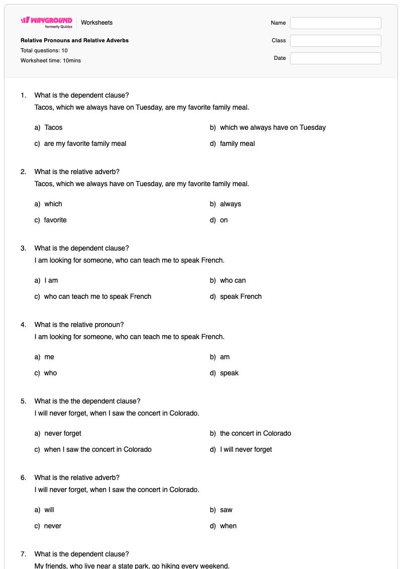 Relative Pronouns and Relative Adverbs - Printable Relative-pronouns Worksheets - Wayground