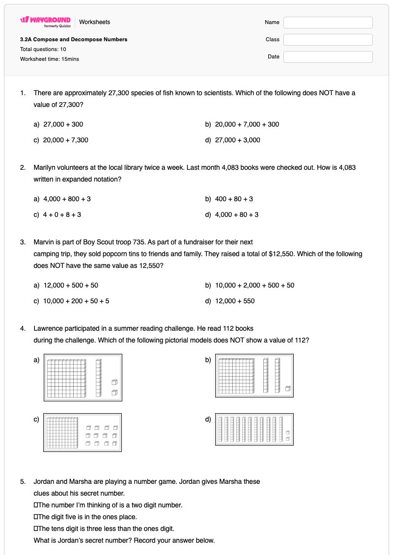 3.2A Compose and Decompose Numbers - Printable Letters-and-numbers Worksheets Grade 3 - Wayground