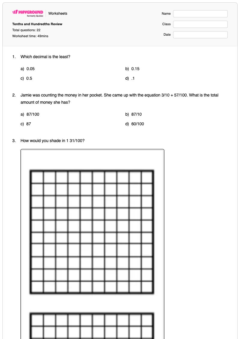 Tenths and Hundredths Review - Printable Tenths-and-hundredths Worksheets - Wayground