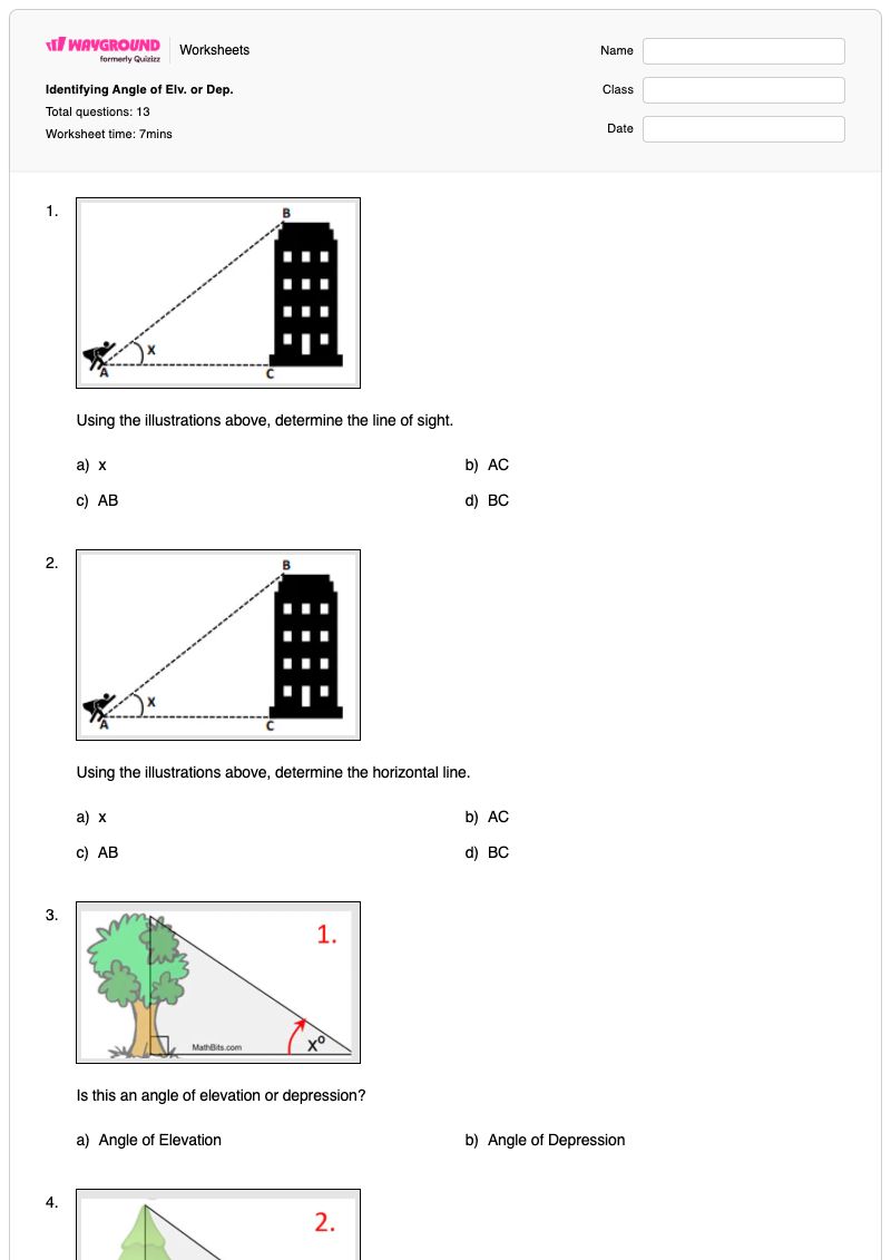 Identifying Angle of Elv. or Dep. - Printable Angle-of-elevation-and-depression Worksheets - Wayground