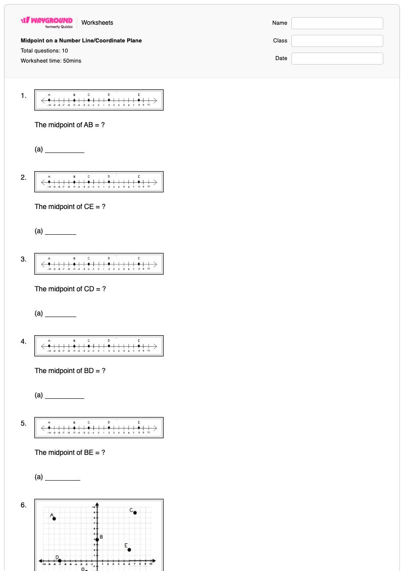 Midpoint on a Number Line/Coordinate Plane - Printable Midpoints Worksheets - Wayground