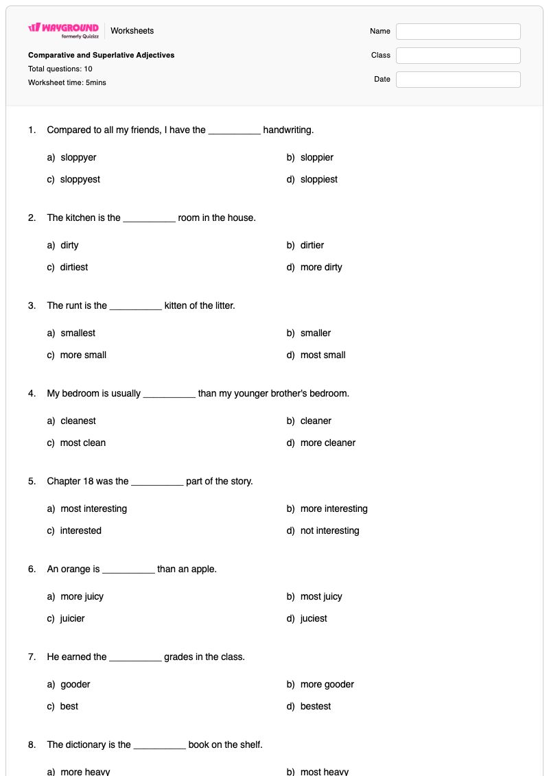 Comparative and Superlative Adjectives - Printable Comparatives-and-superlatives Worksheets - Wayground