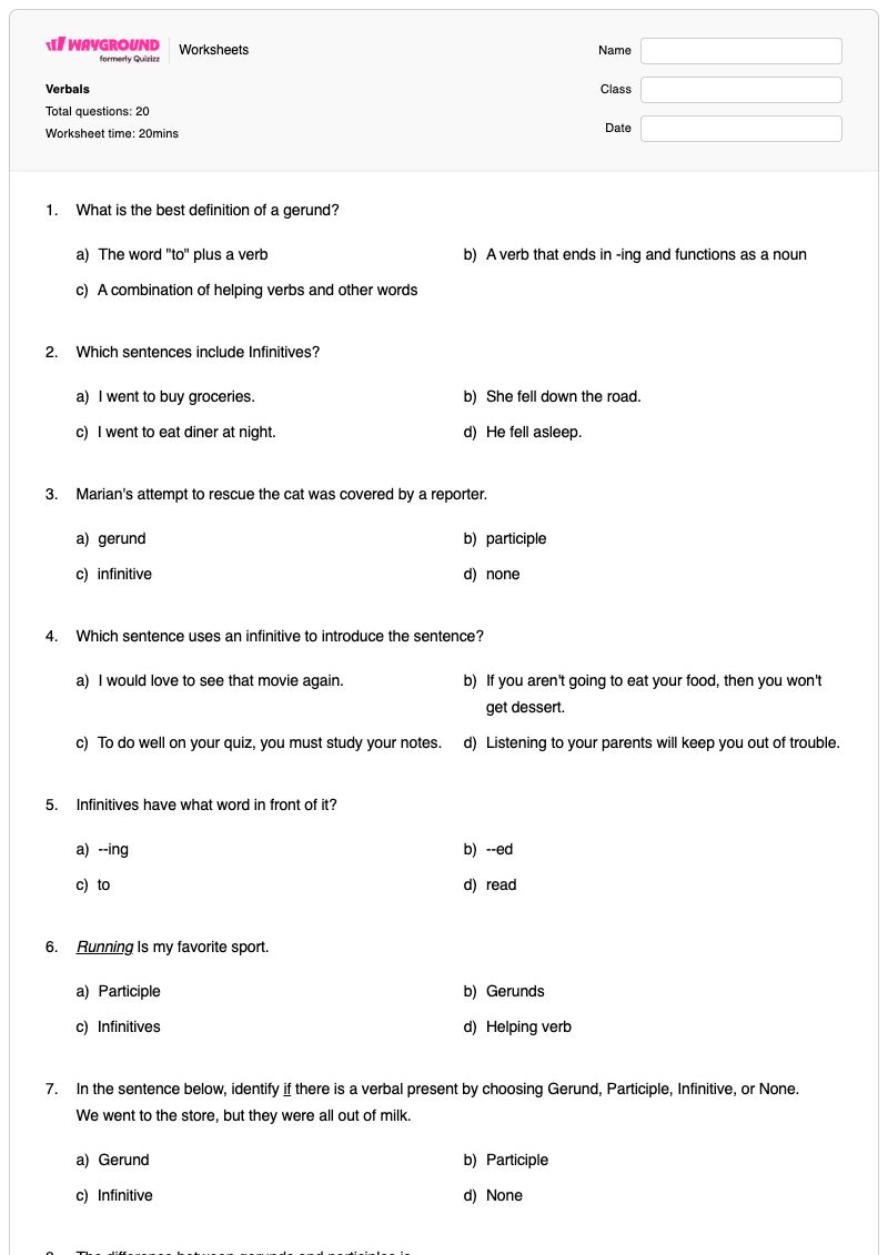 Verbals  - Printable Participles Worksheets Year 11 - Wayground