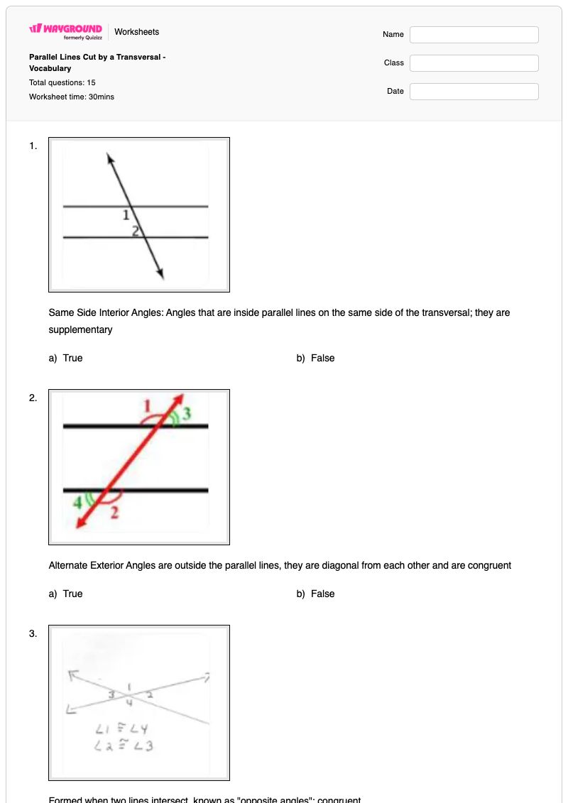 Parallel Lines Cut by a Transversal - Vocabulary - พิมพ์ได้ เส้นตัดขวางของเส้นขนาน เวิร์กชีท - Wayground