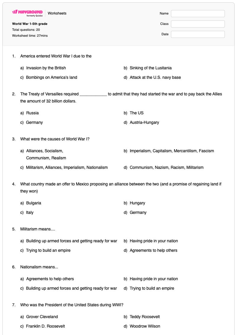 World War 1-5th grade - Printable Capitalism Worksheets Year 5 - Wayground