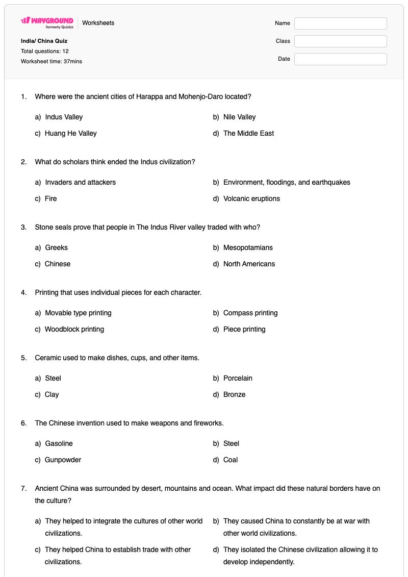 India/ China Quiz - พิมพ์ได้ อารยธรรมอินดัส เวิร์กชีท ระดับ 6 - Wayground