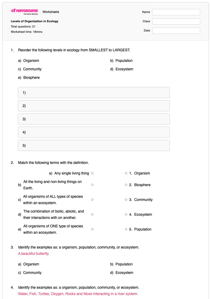 Levels of Organization in Ecology - Printable Interactions-in-an-ecosystem Worksheets Year 7 - Wayground