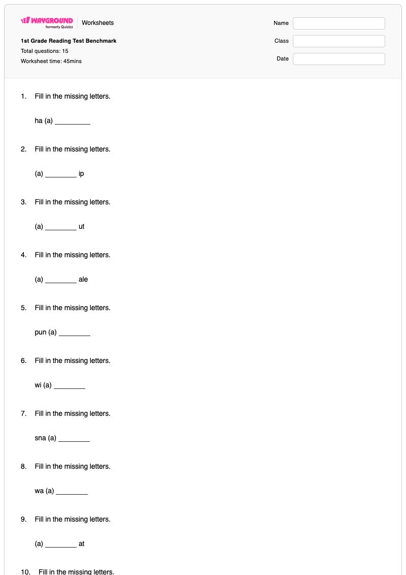 1st Grade Reading Test Benchmark - พิมพ์ได้ การอ่าน เวิร์กชีท ระดับ 1 - Wayground