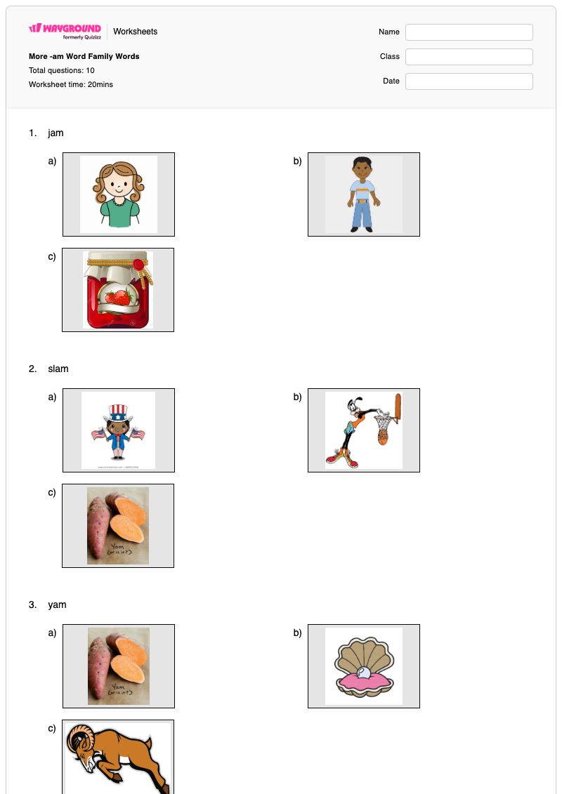 More -am Word Family Words - Printable Word-families Worksheets - Wayground