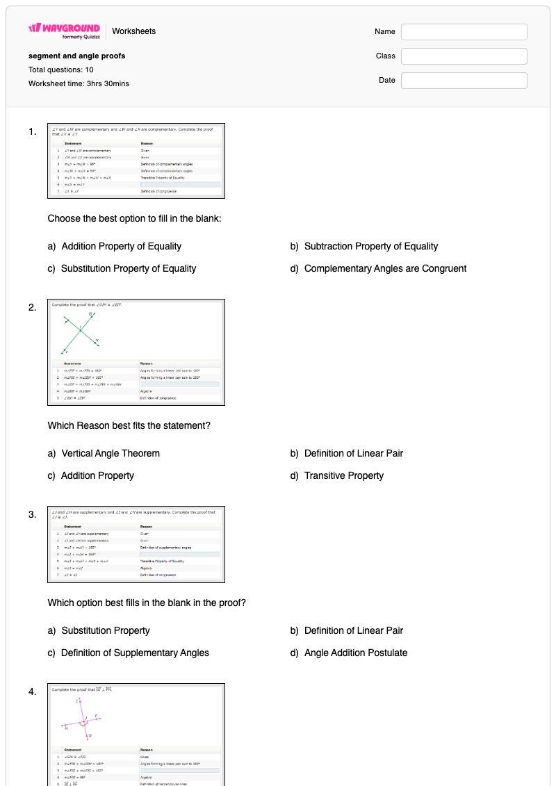 segment and angle proofs - พิมพ์ได้ Two-column-proofs เวิร์กชีท - Wayground