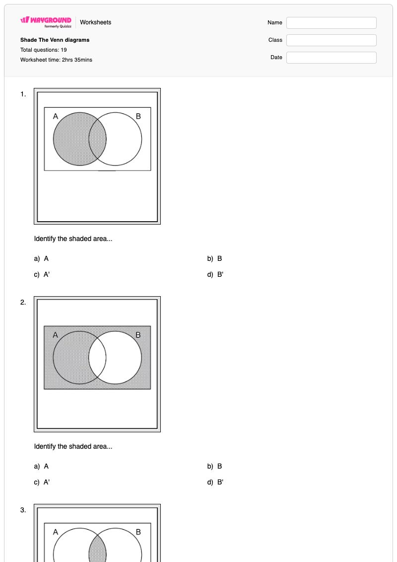 Shade The Venn diagrams - Printable Venn-diagrams Worksheets - Wayground