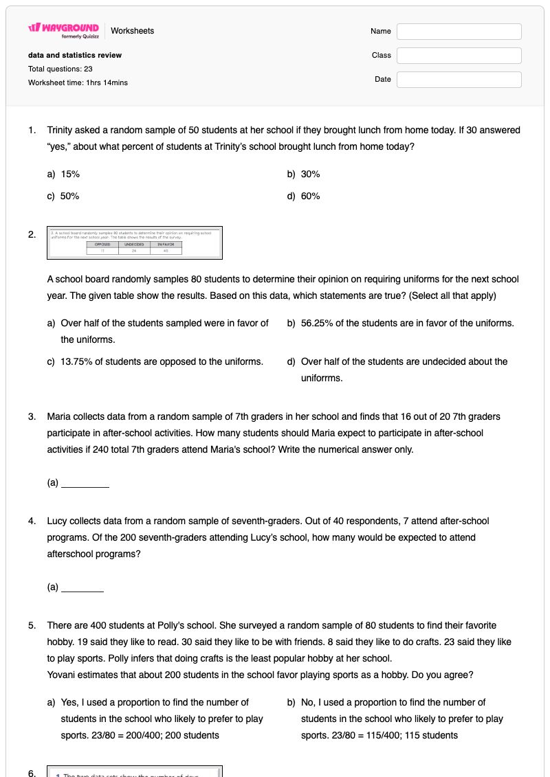 data and statistics review  - พิมพ์ได้ กลุ่มข้อมูล เวิร์กชีท ระดับ 7 - Wayground