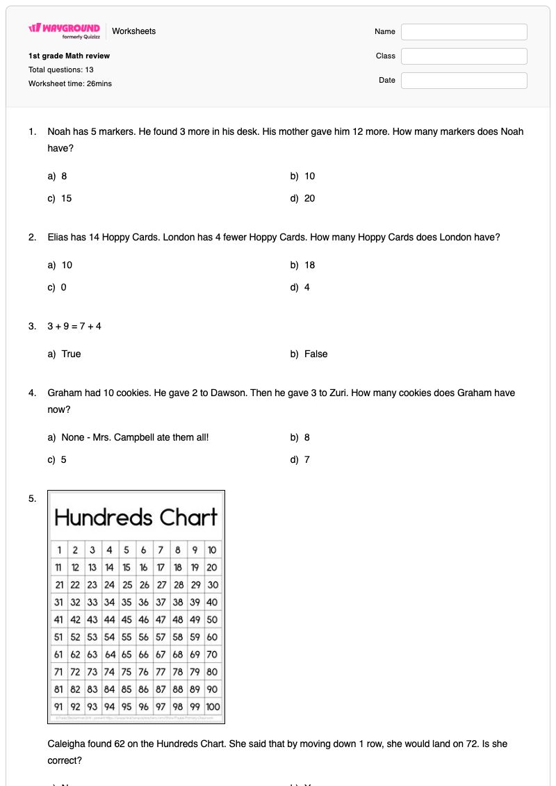 1st grade Math review - Printable Math Worksheets Year 1 - Wayground