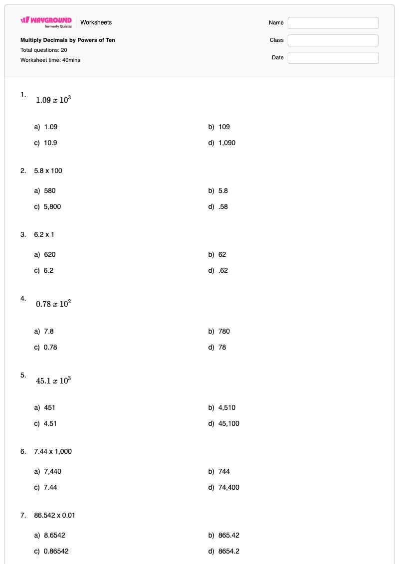 Multiply Decimals by Powers of Ten - Printable Powers-of-ten Worksheets Grade 5 - Wayground