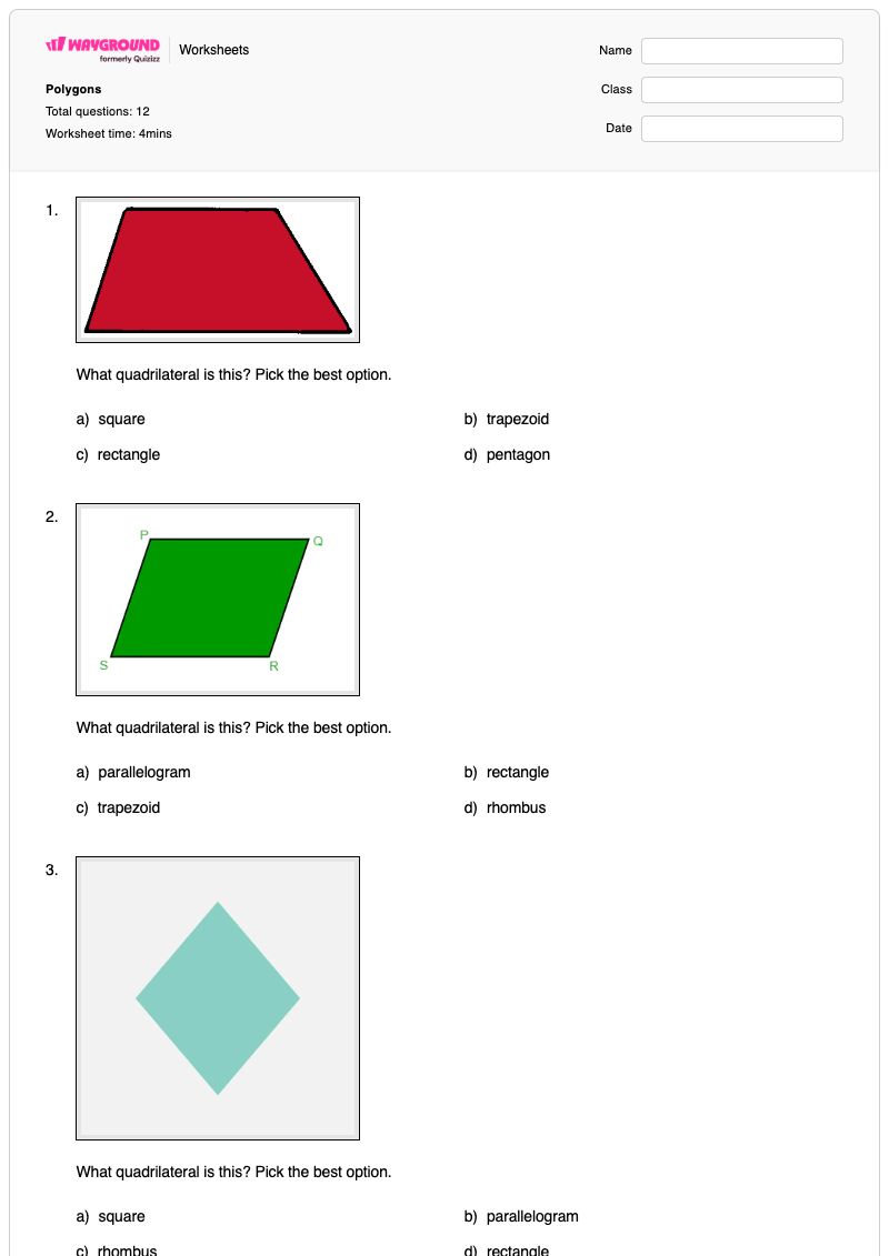 Polygons - พิมพ์ได้ การระบุรูปหลายเหลี่ยม เวิร์กชีท ระดับ 4 - Wayground
