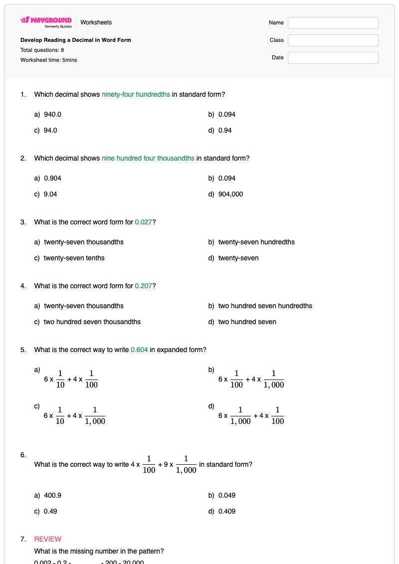 Develop Reading a Decimal in Word Form - พิมพ์ได้ รูปแบบคำ เวิร์กชีท - Wayground