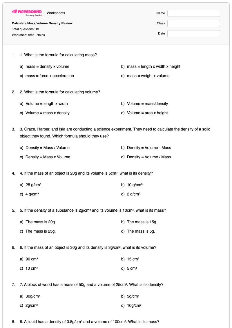 Calculate Mass Volume Density Review - พิมพ์ได้ ปริมาตรและความหนาแน่น เวิร์กชีท - Wayground