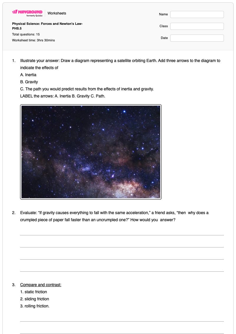 Physical Science: Forces and Newton's Law- PHS.5 - Printable Newton-s-first-law-of-motion Worksheets Year 10 - Wayground