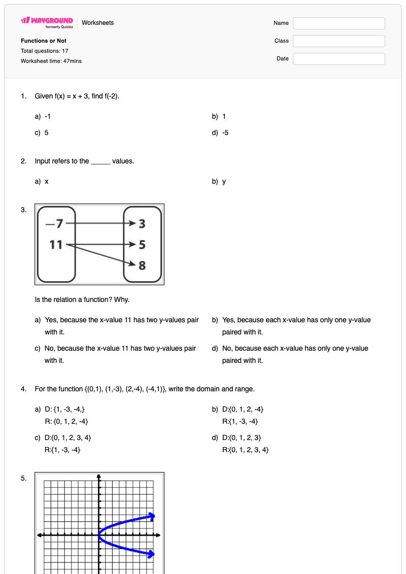 Functions or Not - พิมพ์ได้ Function-tables เวิร์กชีท - Wayground