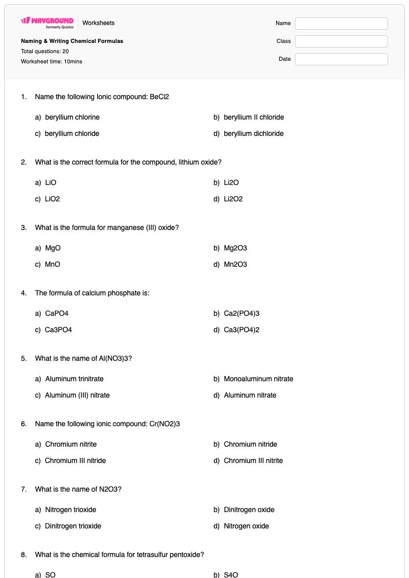 Naming & Writing Chemical Formulas - พิมพ์ได้ Chemical-naming เวิร์กชีท - Wayground