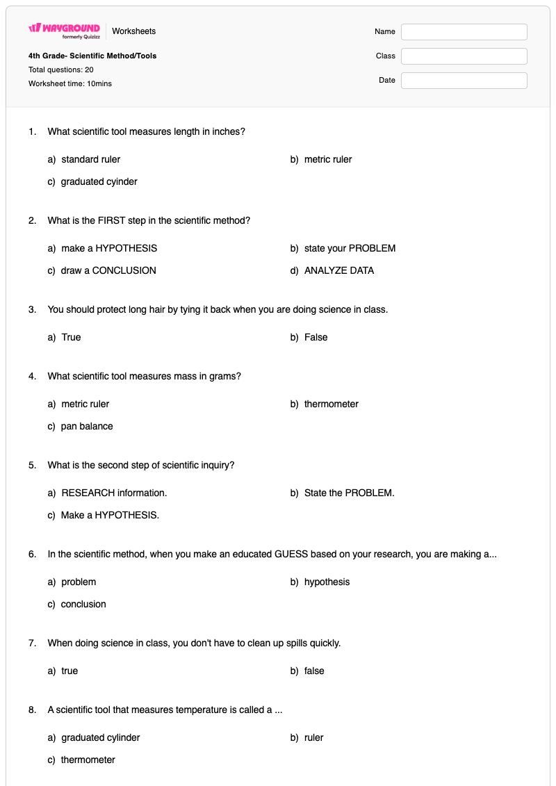4th Grade- Scientific Method/Tools - พิมพ์ได้ Scientific-inquiry เวิร์กชีท ระดับ 4 - Wayground